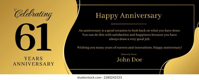61 years anniversary, a banner speech anniversary template with a gold background combination of black and text that can be replaced