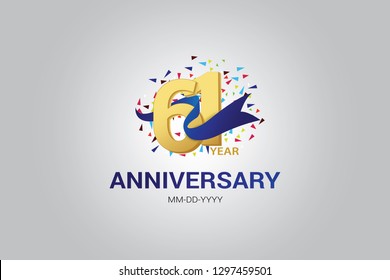 61 years anniversary blue ribbon celebration logotype. anniversary logo with golden and Spark light white color isolated on black background, vector design for celebration, invitation, greeting-vector