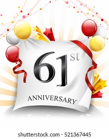 61 Years Anniversary Celebration Design on cloth, with star and balloons, Colorful Vector template elements for your birthday party.