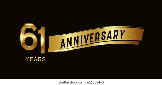 61 years anniversary celebration design template with gold ribbon