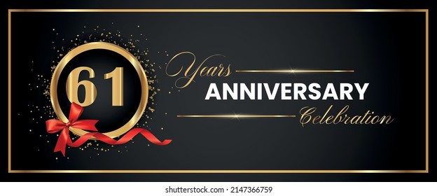 61 Years Anniversary Celebration Gold and Black Color Vector. anniversary celebration logotype with elegant modern number gold color for celebration, gold anniversary celebration, bow, ribbon, luxury.