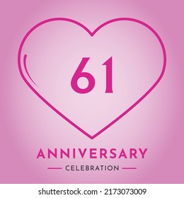 61 years anniversary celebration with heart isolated on pink background. Creative design for happy birthday, wedding, ceremony, event party, marriage, invitation card and greeting card.