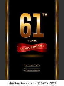 61 years anniversary celebration logotype with elegant gold color and ribbon for booklet, leaflet, magazine, brochure poster, banner, web, invitation or greeting card. Vector illustrations.