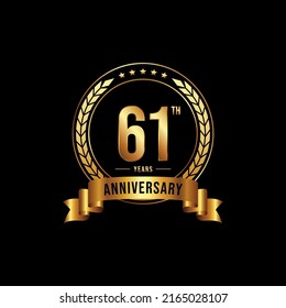 61 years anniversary celebration logotype with golden laurel and wreath, for booklet, leaflet, magazine, brochure poster, banner, web, invitation or greeting card. Vector illustrations.