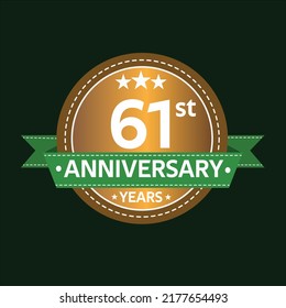 61 years anniversary, country style, old gold and green, wedding, companies, years, jubilee, greeting card. Birthday invitation sign on deep green background. Vector illustration.