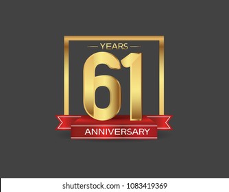 61 years anniversary design logotype golden color with square and red ribbon for celebration event isolated on black background
