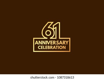 61 years anniversary design, with number formed from line connected with gold square  for celebration event isolated on brown background