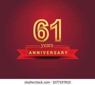 61 years anniversary design with red ribbon and golden color isolated on red background, Design for anniversary celebration.