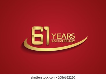 61 years anniversary design with swoosh golden color isolated on red background for celebration