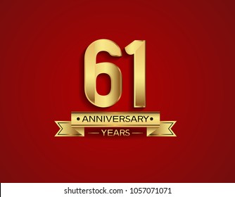 61 years anniversary golden design color with red background for celebration 