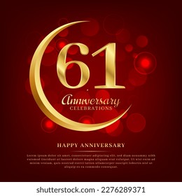 61 years anniversary with golden moon and red shiny background added with text for congratulations words