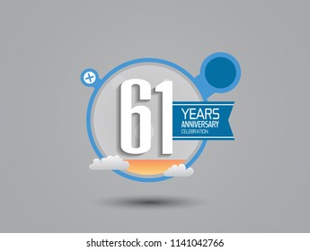 61 years anniversary illustration style with blue circle, orange fluid and cloud for party celebration event