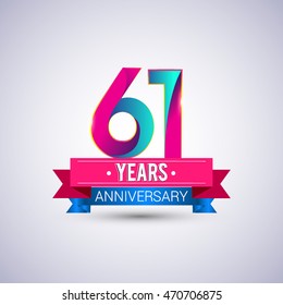 61 years anniversary logo, blue and red colored vector design