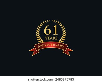 61 Years Anniversary Logo. Celebrating Success. Symbol of Eternal Achievement. Proud Heritage. Logo with Laurel Wreath and Ribbon. Years of Glorious Memories. Jubilee of Joy. Golden Celebratory Crest.