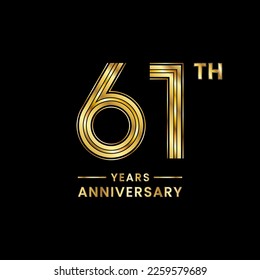 61 years anniversary logo design with golden numbers and text for anniversary celebration event, invitation, wedding, marriage, greeting card, banner, poster, flyer, brochure. Logo Vector Template