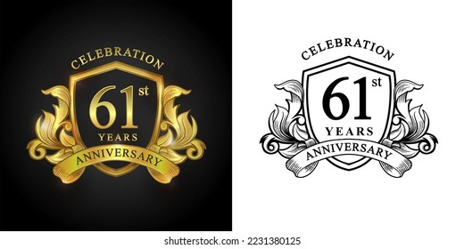 61 years anniversary logo with golden shield and ribbon for booklet, leaflet, magazine, brochure poster, banner, web, invitation or greeting card. Vector illustrations.