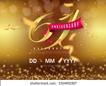 61 years anniversary logo template on gold background. 61st celebrating golden numbers with red ribbon vector and confetti isolated design elements