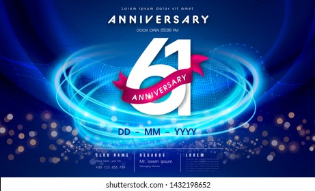 61 years anniversary logo template on dark blue Abstract futuristic space background. 61st modern technology design celebrating numbers with Hi-tech network digital technology concept design elements.