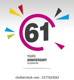 61 Years Anniversary, Number In Broken Circle With Colorful Bang Of Confetti, Logo, Icon, White Background