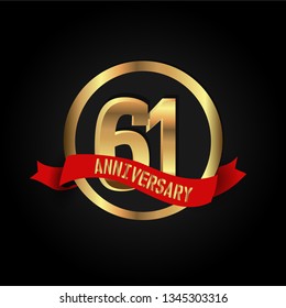 61 years Anniversary simple design with golden font and circle and red ribbon. Red ribbon and golden text on top Golden font in center circle. Simple and elegant design
