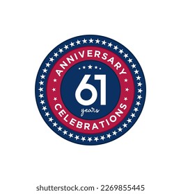 61 años. Diseño de plantillas de aniversario, colores rojo y azul con estrellas, diseño para eventos, tarjeta de invitación, tarjeta de saludo, banner, afiche, volante, portada de libros e impresión. Vector Eps10