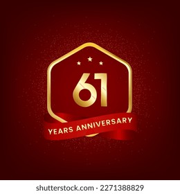 61 years anniversary. Anniversary template design with gold number and red ribbon, design for event, invitation card, greeting card, banner, poster, flyer, book cover and print. Vector Eps10