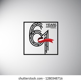 61 years anniversary template flat style with square and red ribbon