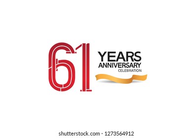 61 years anniversary template with red color number and golden ribbon
