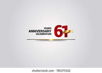 61 Years anniversary using red elegant number isolated on white background, with golden ribbon ca be use as celebration event logo
