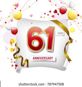 61 years anniversary vector illustration, banner, flyer, logo, icon, symbol. Graphic design element with flag, balloon, ribbon, confetty. Birthday greeting, event celebration
