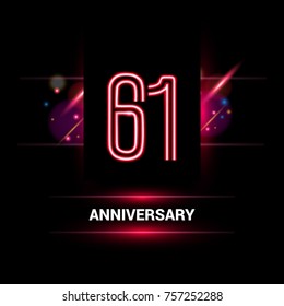 61 Years Anniversary vector logo design using neon style with flare ornament isolated on dark background