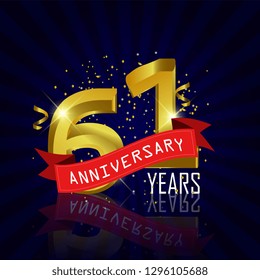 61 years anniversary Vector Template Design with golden color and silver ribbon isolated on blue sunburst background illustration for celebration event - Vector