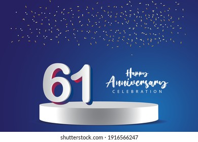61 Years Anniversary Vector Template Design Illustration. Blue 3d Numbers with podium stage for celebration