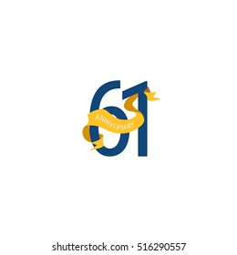 61 Years Anniversary with Yellow Ribbon. Logo Celebration Isolated on White Background