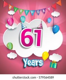 61 Years Birthday Design for greeting cards and poster, with clouds and gift box, balloons. using Paper Art Design Style. vector elements for anniversary celebration.