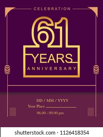 61 years golden anniversary design line style with square golden color for anniversary celebration event.