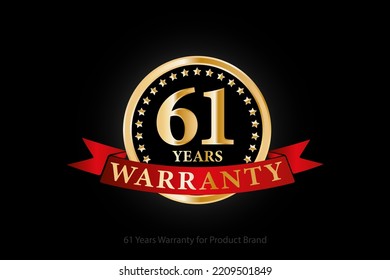 61 years golden warranty logo with ring and red ribbon isolated on black background, vector design for product warranty, guarantee, service, corporate, and your business.