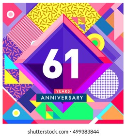 61 years greeting card anniversary with colorful number and frame. logo and icon with Memphis style cover and design template