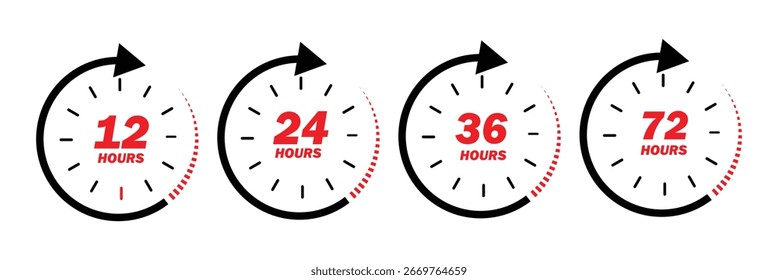 6,12, 24, 48 e 72 horas seta relógio, desodorante efeito de tempo de trabalho. Ícones de tempo de serviço de entrega de vetor. modelo de vetor