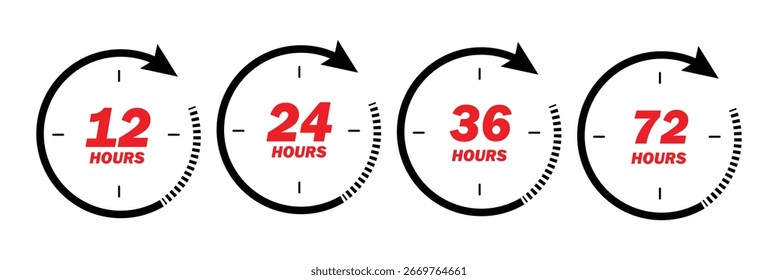 Flecha de reloj de 6,12, 24, 48 y 72 horas, efecto de tiempo de trabajo de desodorante. Iconos de tiempo de servicio de entrega de Vector. Plantilla de Vector