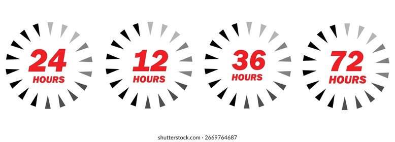 Flecha de reloj de 6,12, 24, 48 y 72 horas, efecto de tiempo de trabajo de desodorante. Iconos de tiempo de servicio de entrega de Vector. Plantilla de Vector