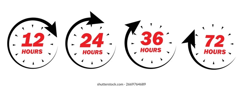 6,12, 24, 48 and 72 hours clock arrow, deodorant work time effect. Vector delivery service time icons. vector template