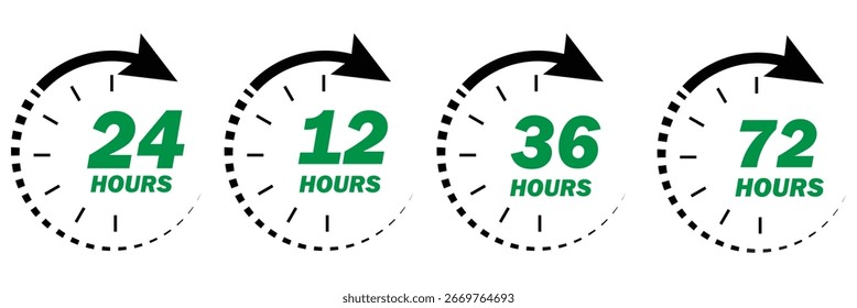Flecha de reloj de 6,12, 24, 48 y 72 horas, efecto de tiempo de trabajo de desodorante. Iconos de tiempo de servicio de entrega de Vector. Plantilla de Vector
