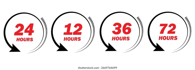 Flecha de reloj de 6,12, 24, 48 y 72 horas, efecto de tiempo de trabajo de desodorante. Iconos de tiempo de servicio de entrega de Vector. Plantilla de Vector
