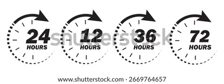 6,12, 24, 48 and 72 hours clock arrow, deodorant work time effect. Vector delivery service time icons. vector template