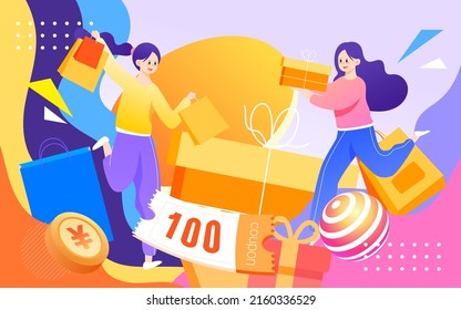 618 e-commerce shopping festival, girl is shopping with shopping bags, vector illustration