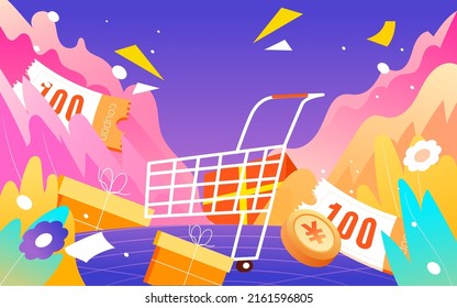 618 shopping festival girl shopping in mall with many shopping bags, e-commerce, vector illustration