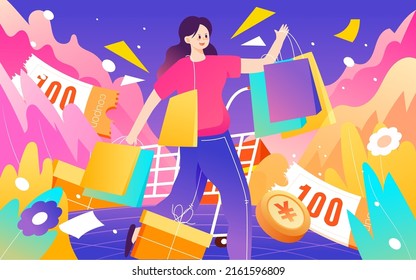 618 shopping festival girl shopping in mall with many shopping bags, e-commerce, vector illustration