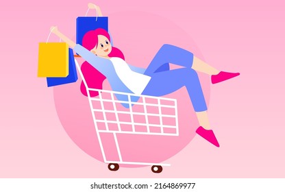 618 shopping festival, people pushing shopping carts for shopping, vector illustration