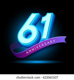 61st Anniversary 3D text with glow effect .celebration vector template design
